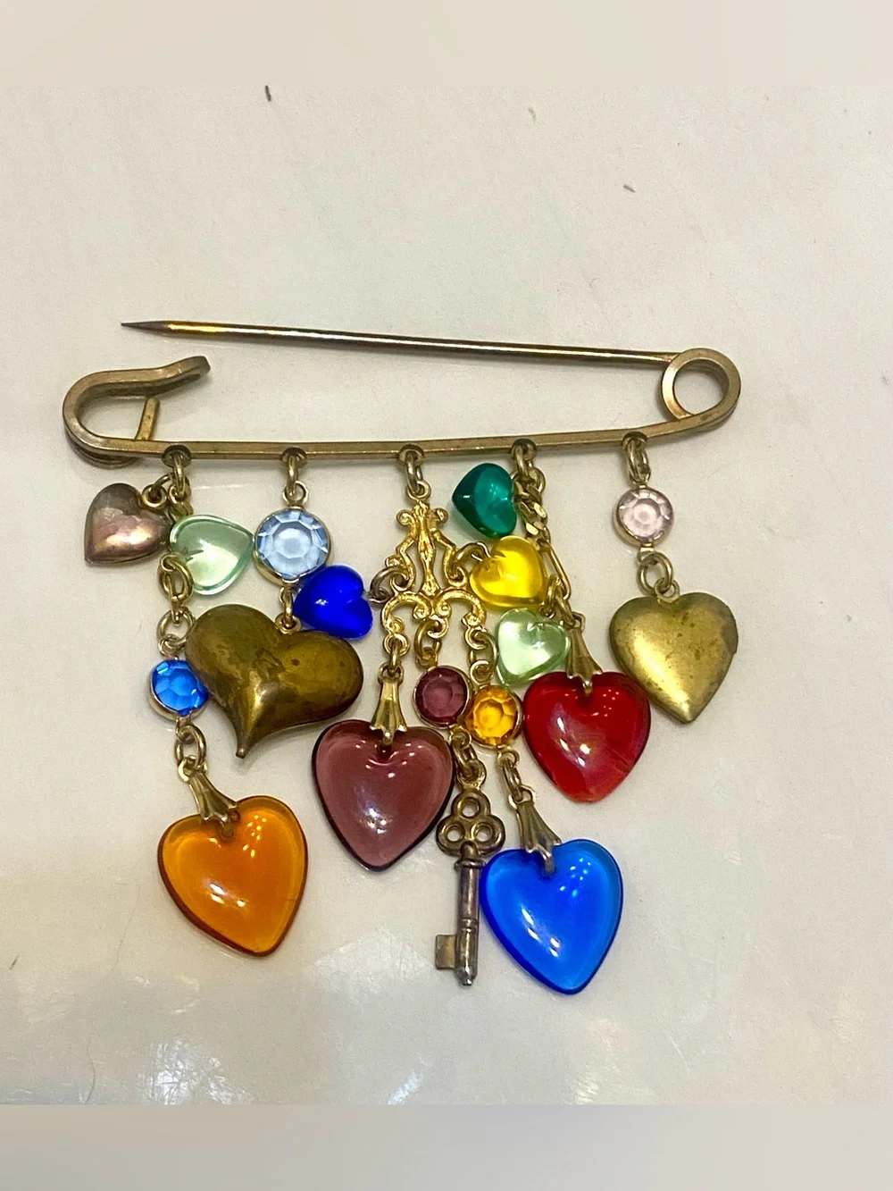 Vintage Glass Heart Multi Color Safety Pin Charm Brooch